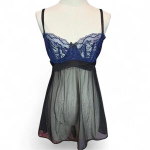 Adore Me Navy Lace Babydoll Slip Dress Sheer Mesh Skirt 36C